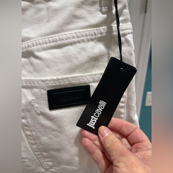 Just Cavalli Distressed White Denim Shorts with Skull and Stud Detail - Size 31 - Picture 6 of 9